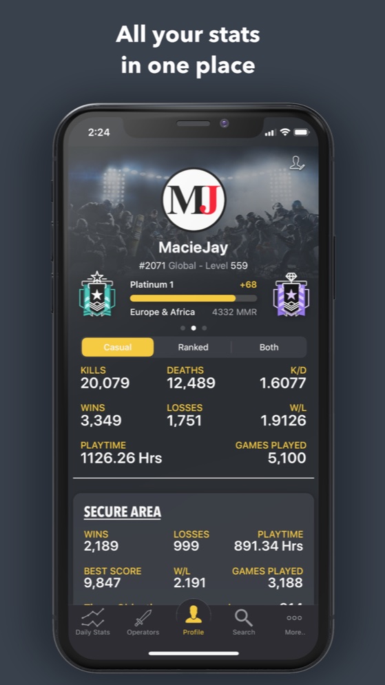 R6Stats player profile with rank, kills, deaths and K/D